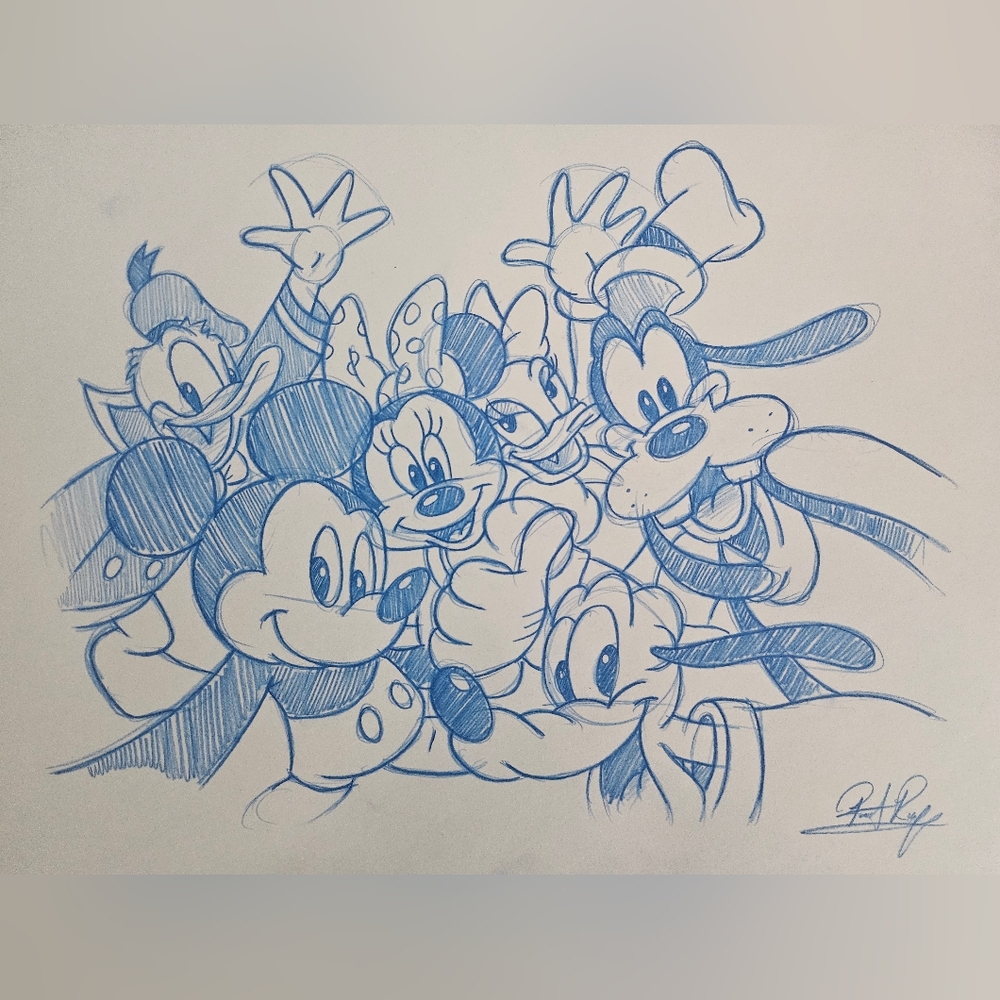 Disney Selfie Mickey Donald Minnie Goofy Pluto Daisy Drawing/Sketch Handmade Art